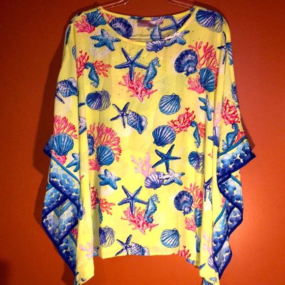 QuackerFactory Vibrant Yellow/Blue/Pink Sea Life Print Poncho Top Coastal Resort - Picture 1 of 17